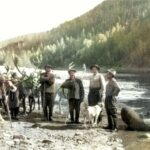 Николай Лиханов, Улукиткан, Григорий Федосеев, Василий Мищенко на реке Мае, 1949 год.